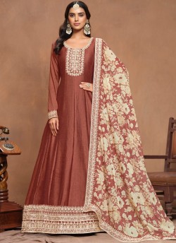 9804 Brown Art Silk Embroidered Semi-Stitched Anarkali Suit