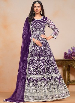 20102 Purple Net Embroidered Semi-Stitched Anarkali Suit