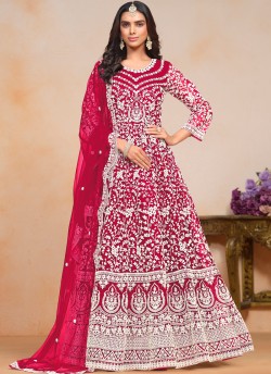 20104 Red Net Embroidered Semi-Stitched Anarkali Suit