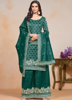 20303 Teal Blue Gold Crush Embroidered Semi-Stitched Palazzo Suit