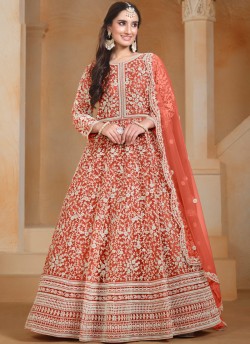 20504 Orange Net Anarkali Suit with elegant embroidery, semi-stitched for festive occasions