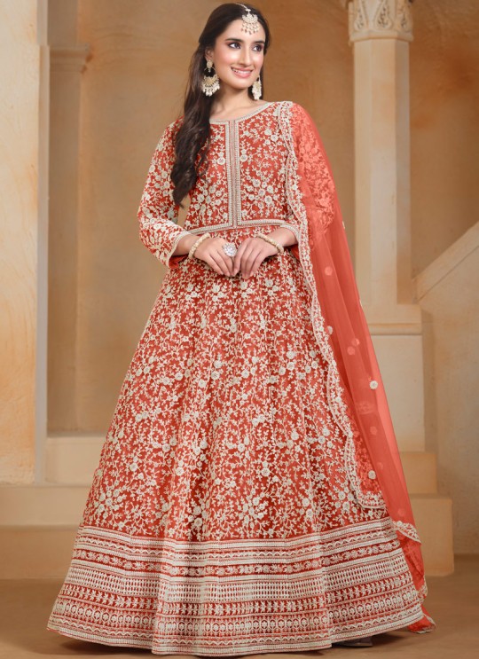 20504 Orange Net Anarkali Suit with elegant embroidery, semi-stitched for festive occasions 20504 Orange Net Anarkali Suit with elegant embroidery, semi-stitched for festive occasions