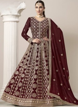 206D Maroon Faux Georgette Embroidered Semi-Stitched Anarkali Suit
