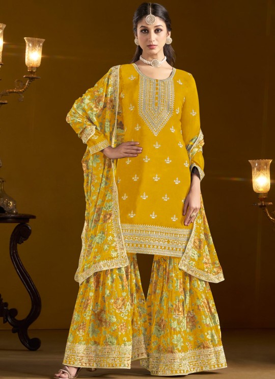 208A Yellow Chinon Embroidered Semi-Stitched Sharara Suit 208A Yellow Chinon Embroidered Semi-Stitched Sharara Suit