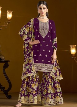 208B Purple Chinon Embroidered Semi-Stitched Sharara Suit