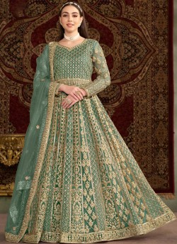 209B Teal Blue Net Embroidered Semi-Stitched Anarkali Suit