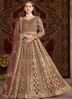 209D Brown Net Embroidered Semi-Stitched Anarkali Suit