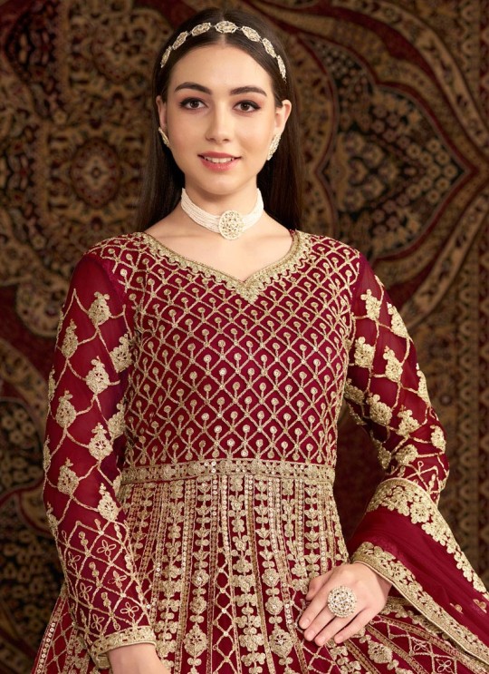 210B Maroon Net Embroidered Semi-Stitched Anarkali Suit 210B Maroon Net Embroidered Semi-Stitched Anarkali Suit