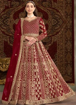 210B Maroon Net Embroidered Semi-Stitched Anarkali Suit
