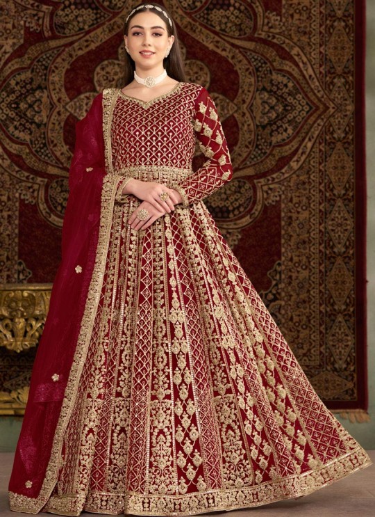 210B Maroon Net Embroidered Semi-Stitched Anarkali Suit 210B Maroon Net Embroidered Semi-Stitched Anarkali Suit
