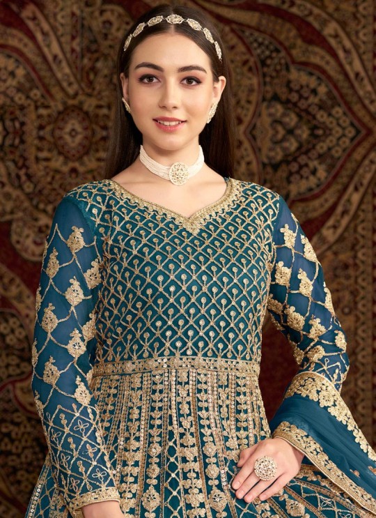 210D Teal Blue Net Embroidered Semi-Stitched Anarkali Suit 210D Teal Blue Net Embroidered Semi-Stitched Anarkali Suit