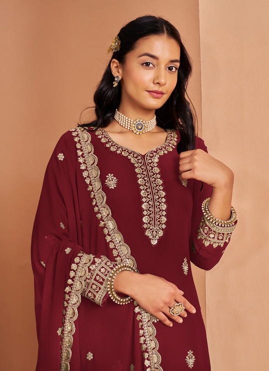 211D Maroon Faux Georgette Embroidered Semi-Stitched Palazzo Suit