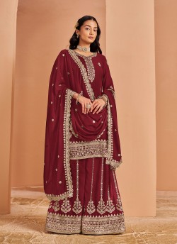 211D Maroon Faux Georgette Embroidered Semi-Stitched Palazzo Suit