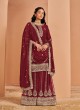 211D Maroon Faux Georgette Embroidered Semi-Stitched Palazzo Suit