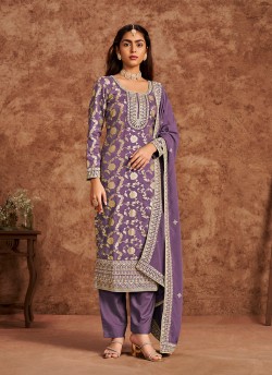 212B Purple Dola Jacquard Embroidered Semi-Stitched Salwar Kameez