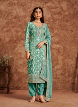 212C Sea Blue Dola Jacquard Embroidered Semi-Stitched Salwar Kameez