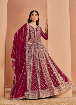 213D Rani Pink Faux Georgette Embroidered Semi-Stitched Anarkali Suit