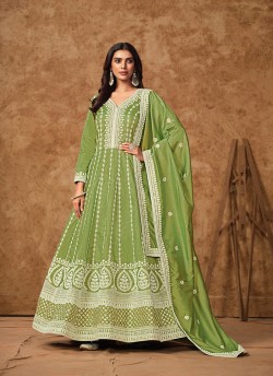 214B Light Green Dolla Silk Embroidered Semi-Stitched Anarkali Suit