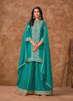 215C Teal blue Dolla Silk Embroidered Semi-Stitched Palazzo Suit