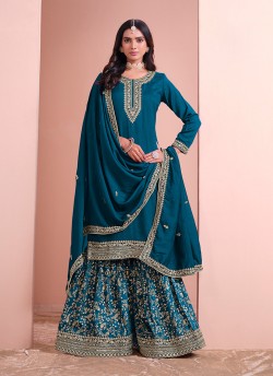 216D Teal Green Art Silk Embroidered Semi-Stitched Sharara Suit