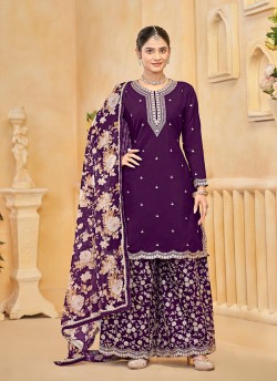 218B Purple Roman Silk Embroidered Semi-Stitched Palazzo Suit