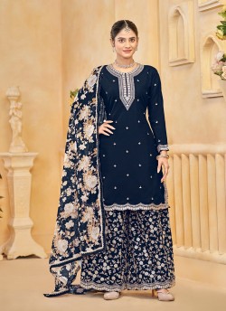 218C Navy Blue Roman Silk Embroidered Semi-Stitched Palazzo Suit