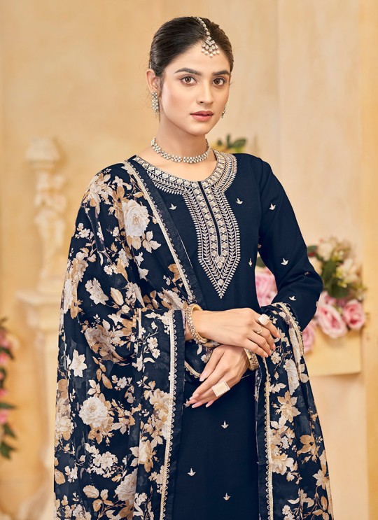 218C Navy Blue Roman Silk Embroidered Semi-Stitched Palazzo Suit 218C Navy Blue Roman Silk Embroidered Semi-Stitched Palazzo Suit