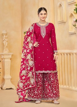 218D Rani Pink Roman Silk Embroidered Semi-Stitched Palazzo Suit