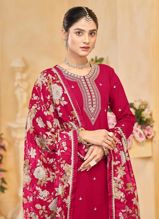 218D Rani Pink Roman Silk Embroidered Semi-Stitched Palazzo Suit 218D Rani Pink Roman Silk Embroidered Semi-Stitched Palazzo Suit