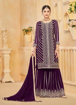 219B Wine Faux Georgette Embroidered Semi-Stitched Sharara Suit