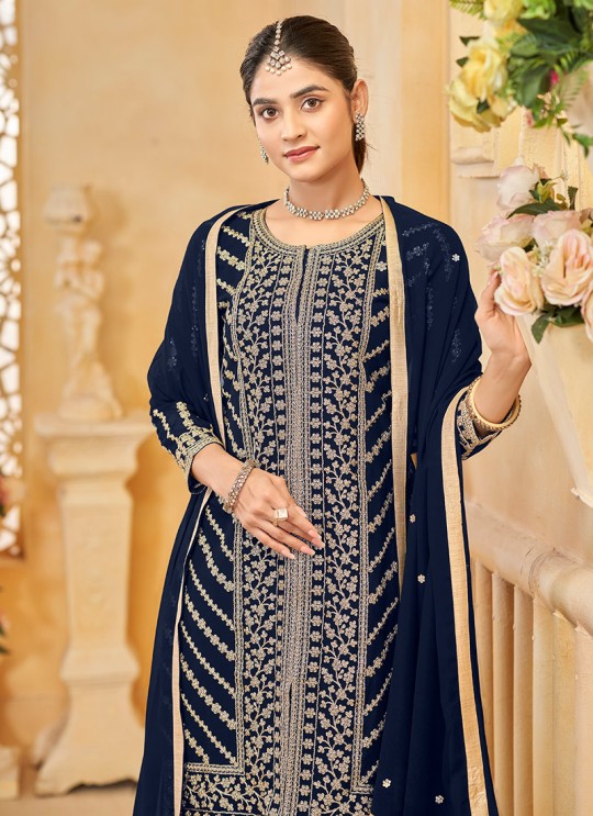 219C Navy Blue Faux Georgette Embroidered Semi-Stitched Sharara Suit
