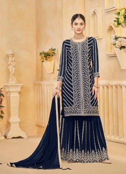 219C Navy Blue Faux Georgette Embroidered Semi-Stitched Sharara Suit