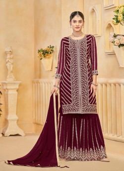 219D Maroon Faux Georgette Embroidered Semi-Stitched Sharara Suit