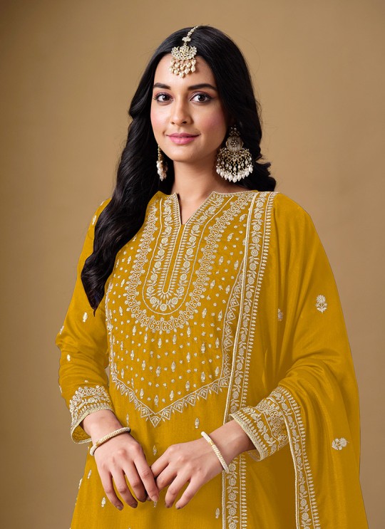 220A Mustard Art Silk Embroidered Semi-Stitched Sharara Suit