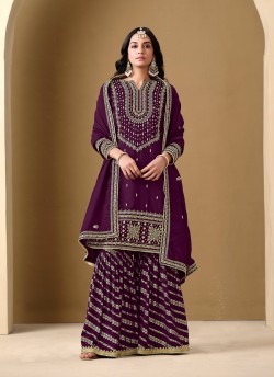 220B Wine Art Silk Embroidered Semi-Stitched Sharara Suit