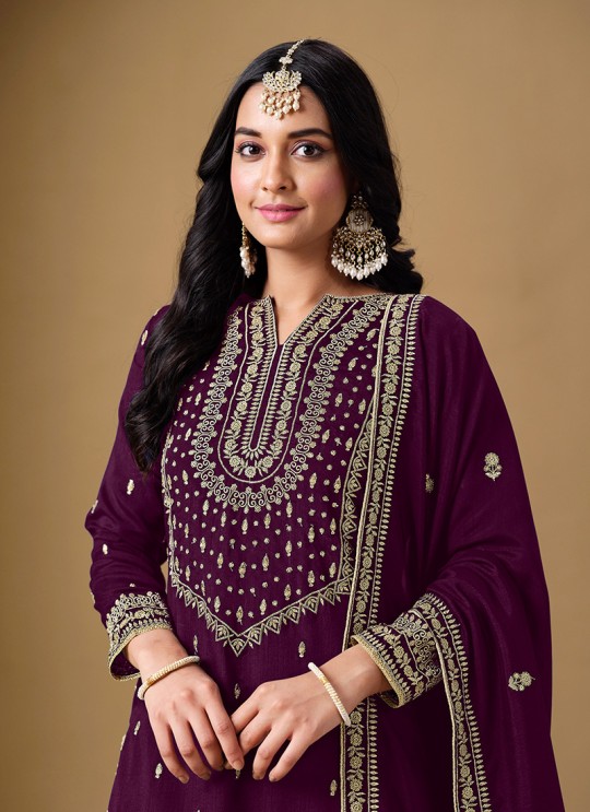220B Wine Art Silk Embroidered Semi-Stitched Sharara Suit