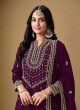 220B Wine Art Silk Embroidered Semi-Stitched Sharara Suit