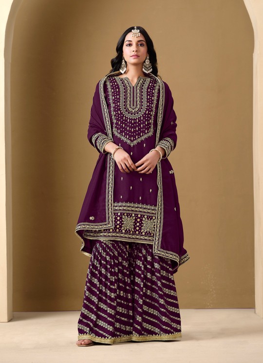 220B Wine Art Silk Embroidered Semi-Stitched Sharara Suit