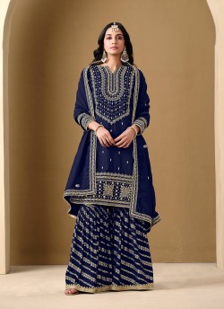 220C Blue Art Silk Embroidered Semi-Stitched Sharara Suit