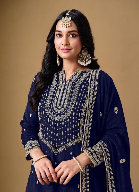 220C Blue Art Silk Embroidered Semi-Stitched Sharara Suit