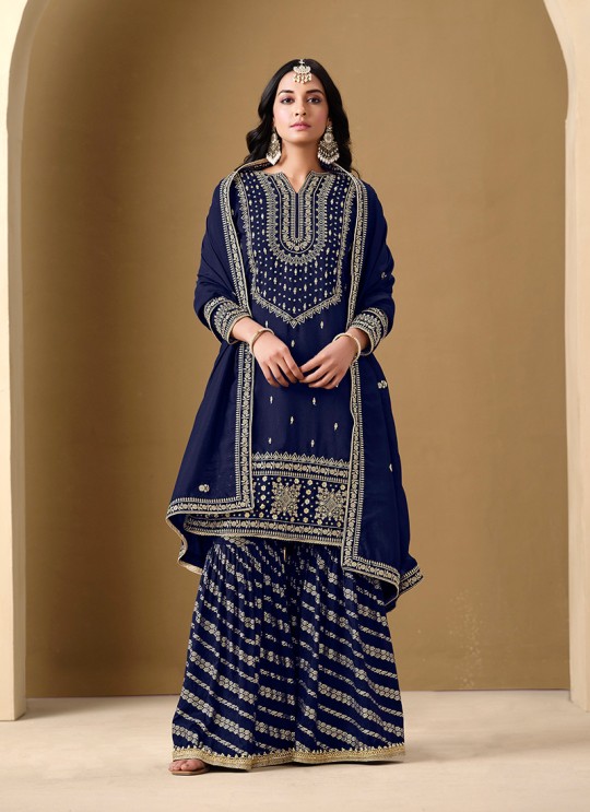 220C Blue Art Silk Embroidered Semi-Stitched Sharara Suit