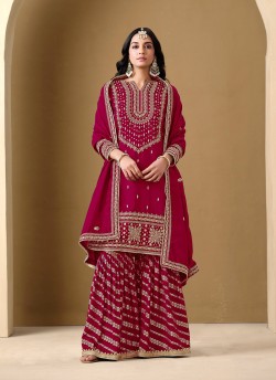 220D Rani Pink Art Silk Embroidered Semi-Stitched Sharara Suit