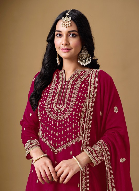 220D Rani Pink Art Silk Embroidered Semi-Stitched Sharara Suit