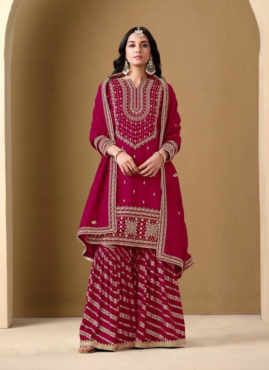 220D Rani Pink Art Silk Embroidered Semi-Stitched Sharara Suit