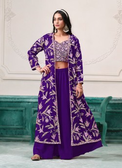 221B Dark Blue Faux Georgette Embroidered Semi-Stitched Sharara Suit