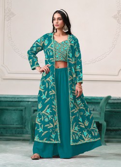 221C Sea Green Faux Georgette Embroidered Semi-Stitched Sharara Suit