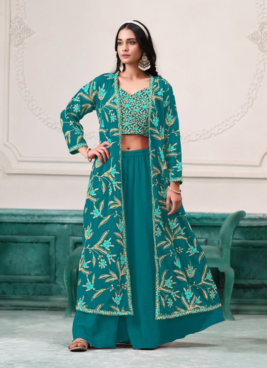 221C Sea Green Faux Georgette Embroidered Semi-Stitched Sharara Suit 221C Sea Green Faux Georgette Embroidered Semi-Stitched Sharara Suit