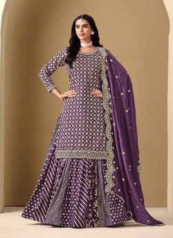222B Purple Art Silk Embroidered Semi-Stitched Lehenga Suit