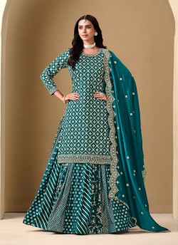 222C Teal Blue Art Silk Embroidered Semi-Stitched Lehenga Suit
