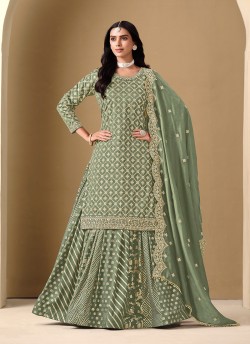 222D Green Art Silk Embroidered Semi-Stitched Lehenga Suit